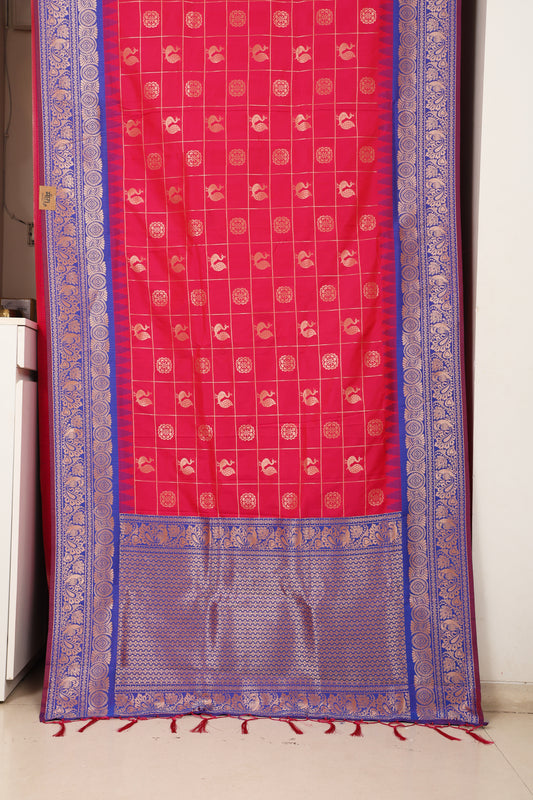 Rani Pink & Royal Blue Zari Check Saree