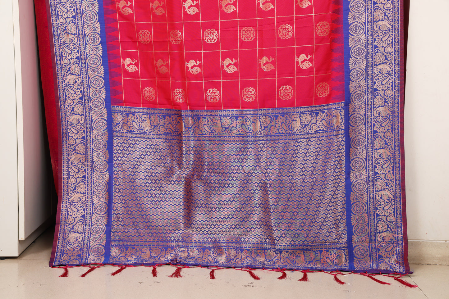 Rani Pink & Royal Blue Zari Check Saree