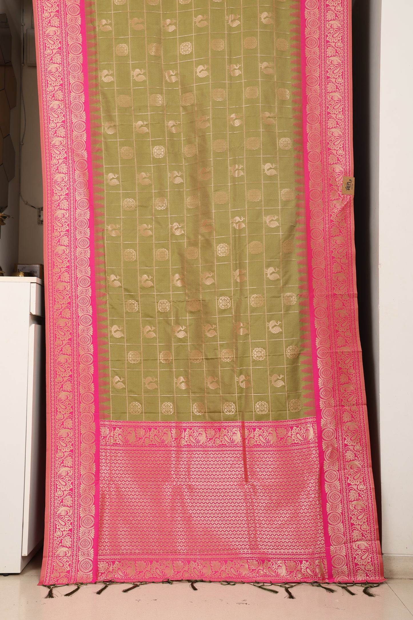 Olive & Rani Pink Zari Check Saree