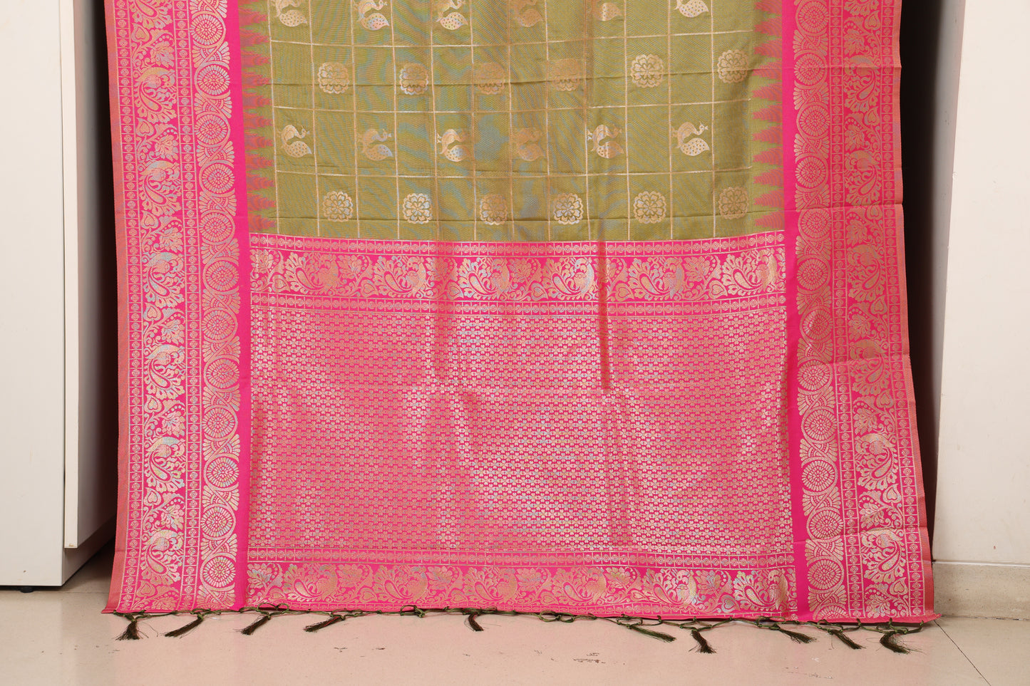 Olive & Rani Pink Zari Check Saree