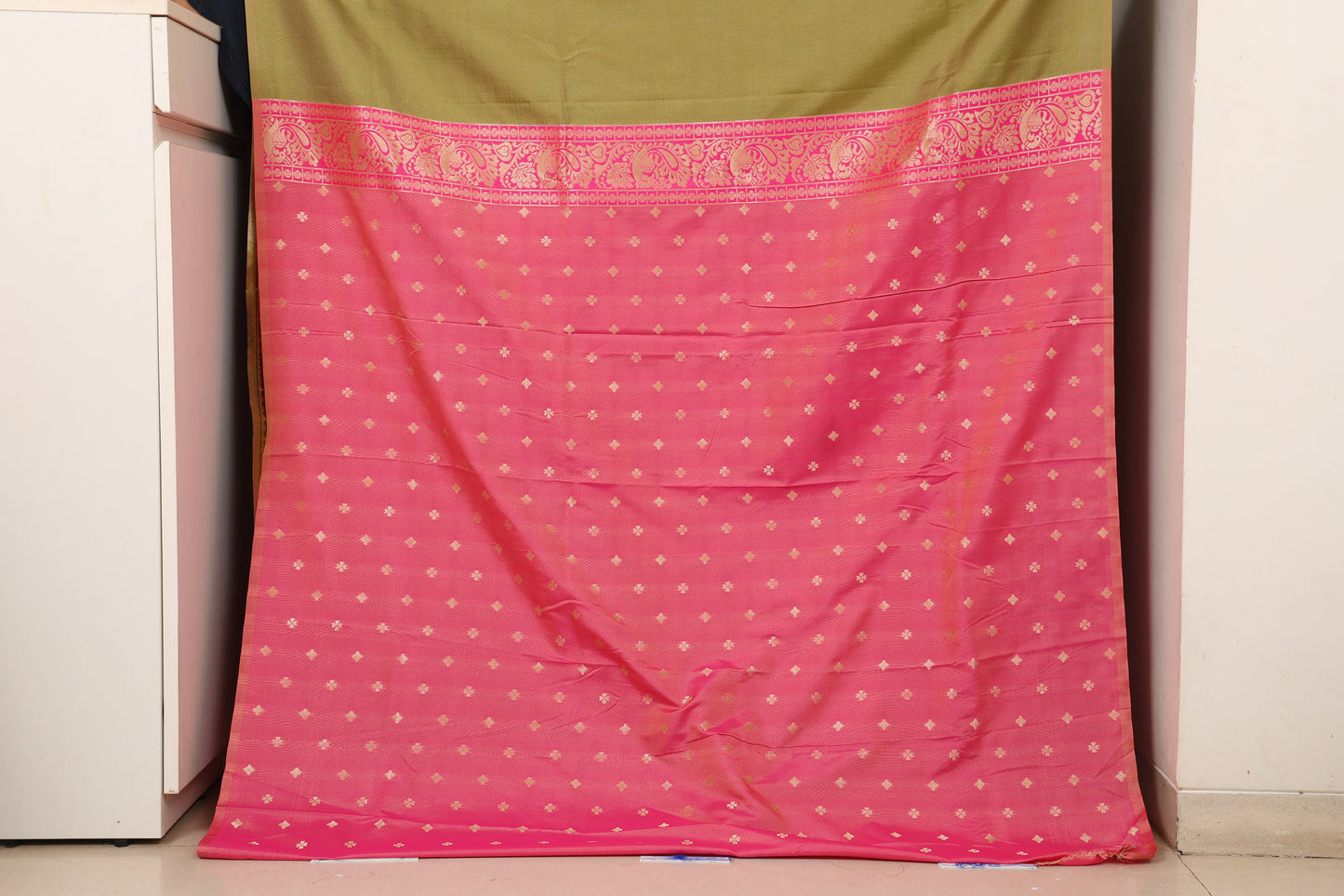 Olive & Rani Pink Zari Check Saree