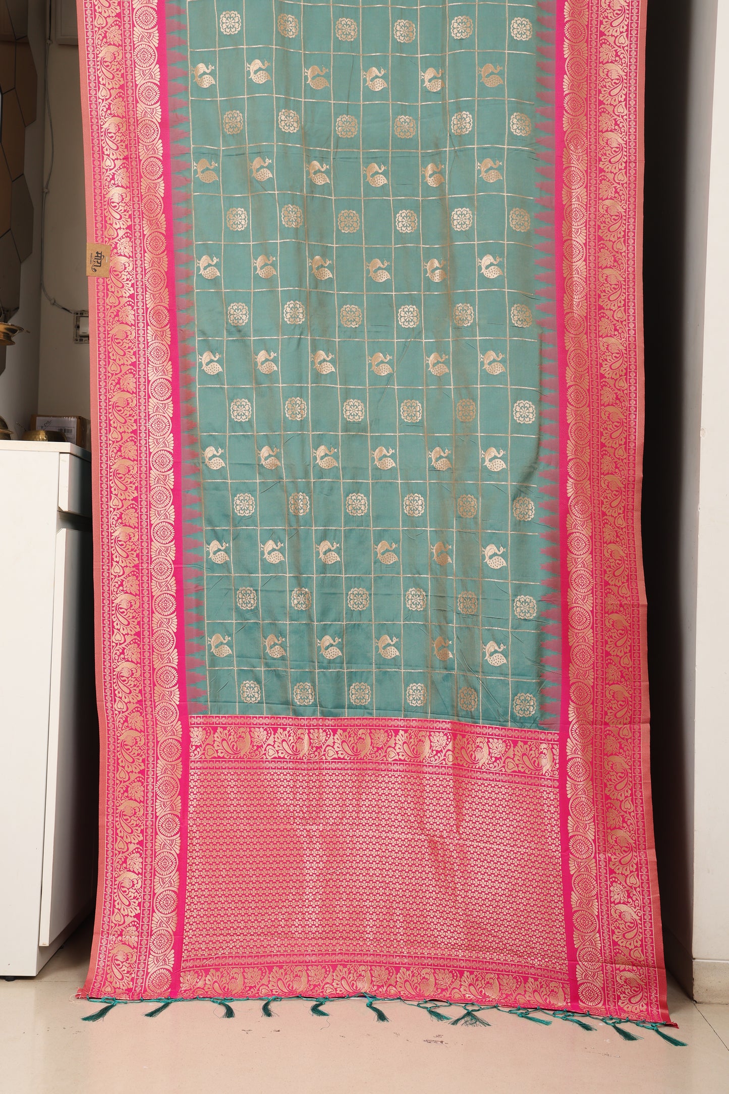 Aqua & Pink Zari Check Saree