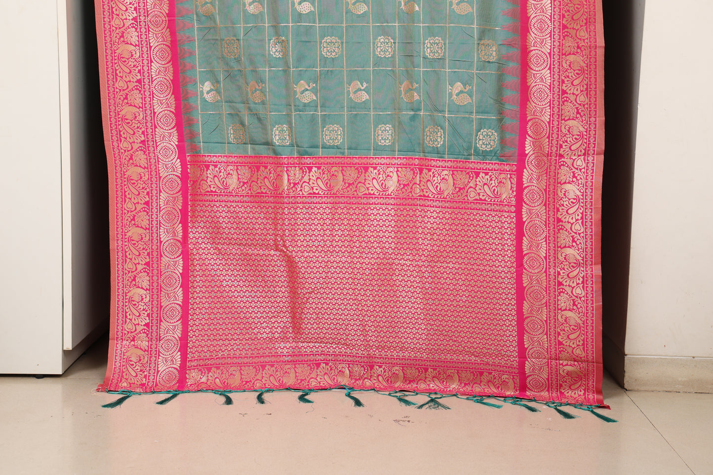 Aqua & Pink Zari Check Saree