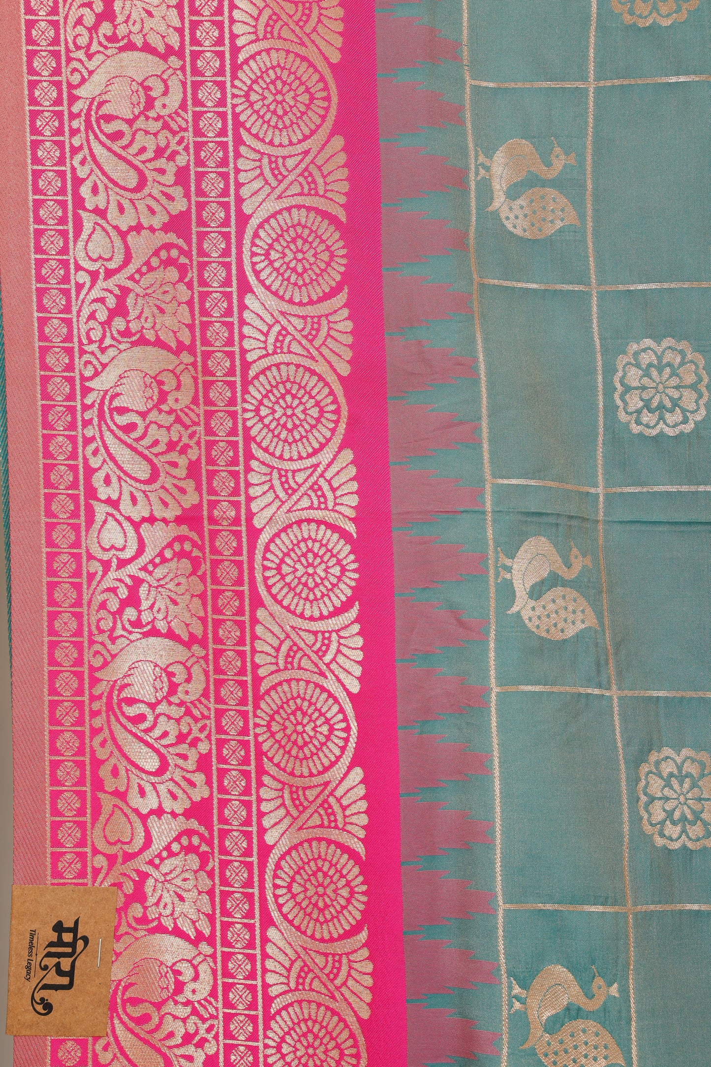 Aqua & Pink Zari Check Saree