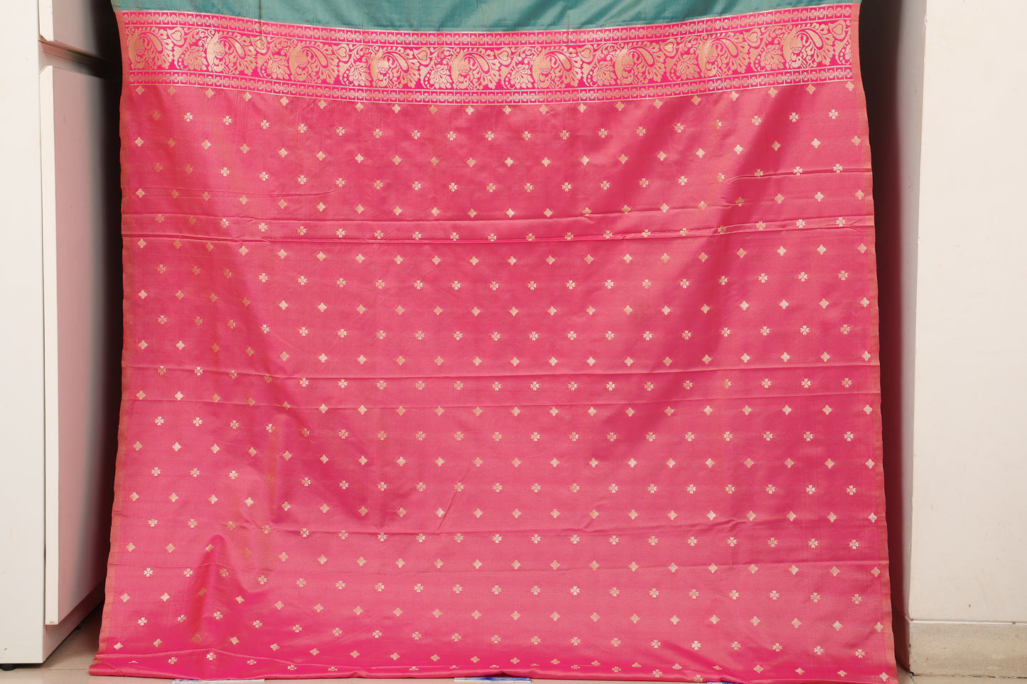 Aqua & Pink Zari Check Saree