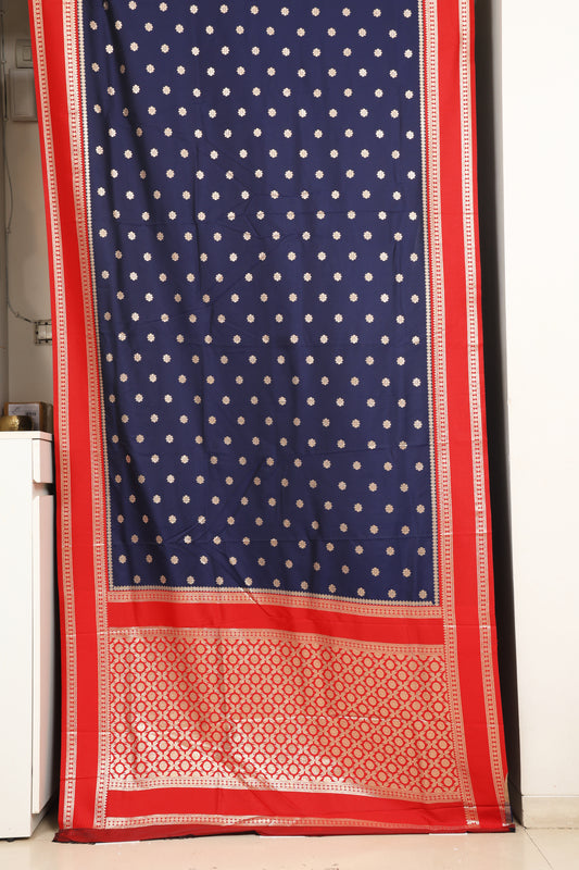 Navi Blue & Sindoor Red Contrast Narayanpeth Saree