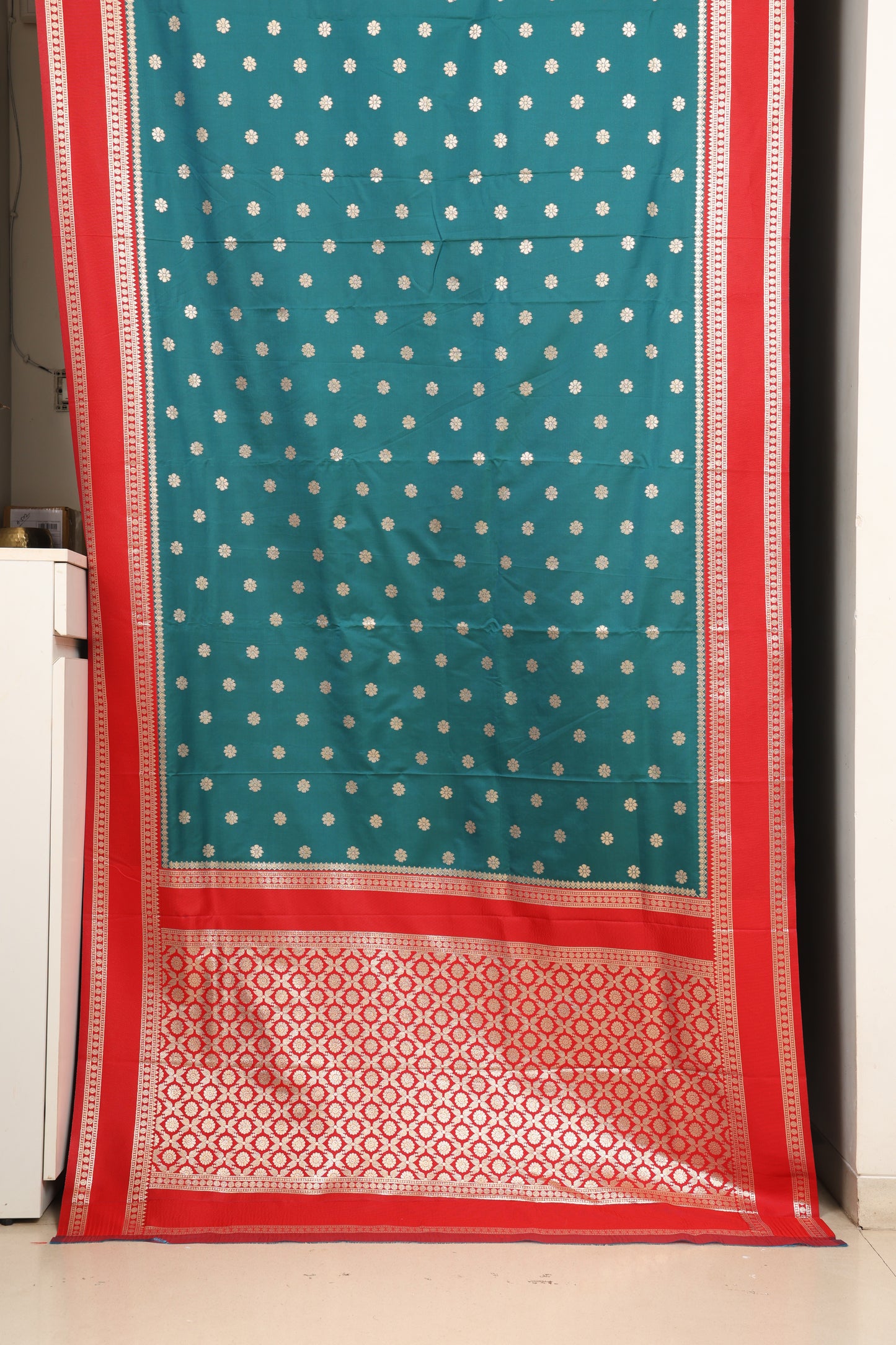 Teal  & Sindoor Red Contrast Narayanpeth Saree