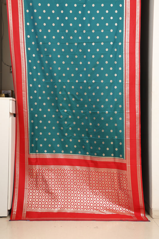 Teal  & Sindoor Red Contrast Narayanpeth Saree