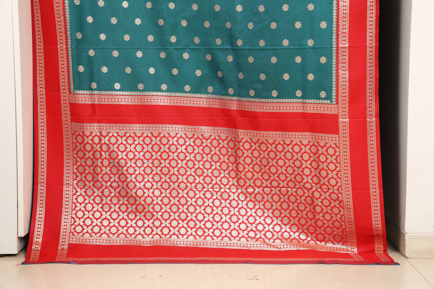 Teal  & Sindoor Red Contrast Narayanpeth Saree