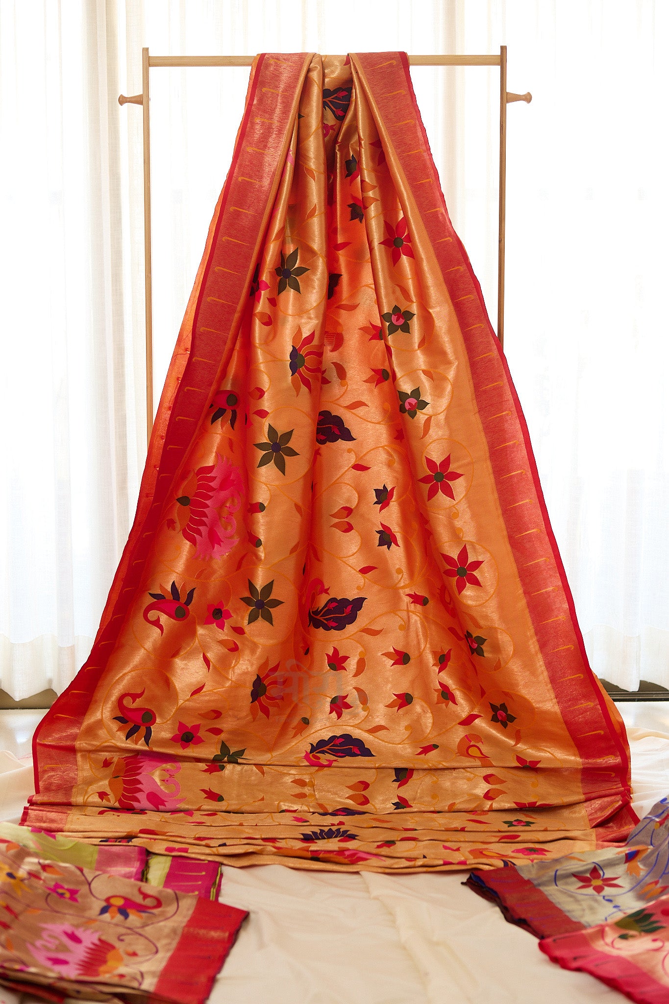 Orange  silk blend Brocket Paithani Saree with unstitched blouse