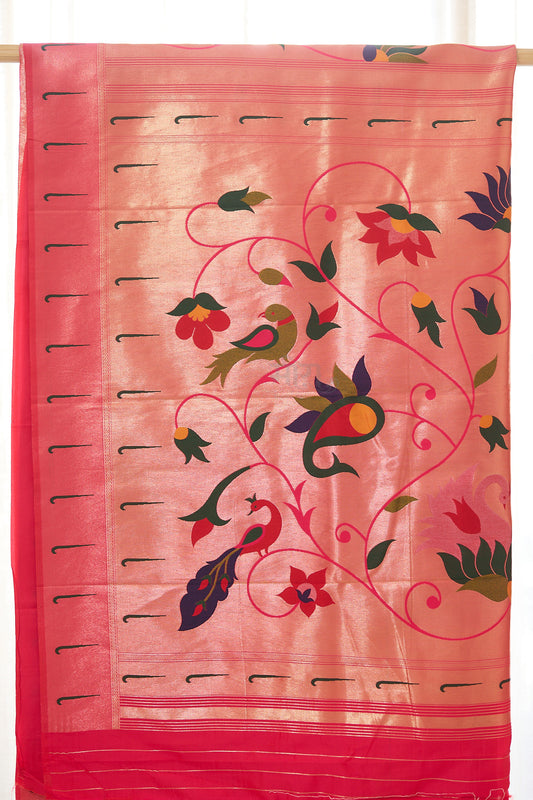 Pink silk blend Brocket Paithani Saree with unstitched blouse
