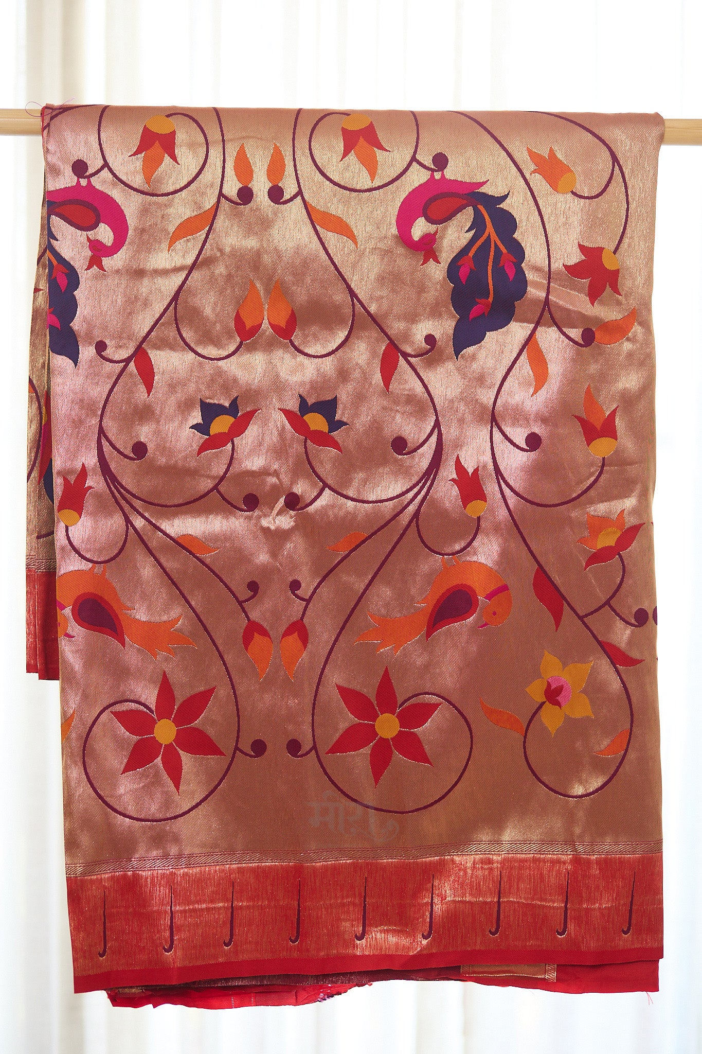 Brown silk blend Brocket Paithani Saree with unstitched blouse