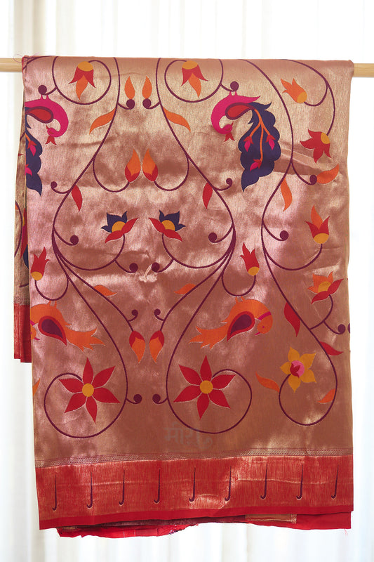 Brown silk blend Brocket Paithani Saree with unstitched blouse