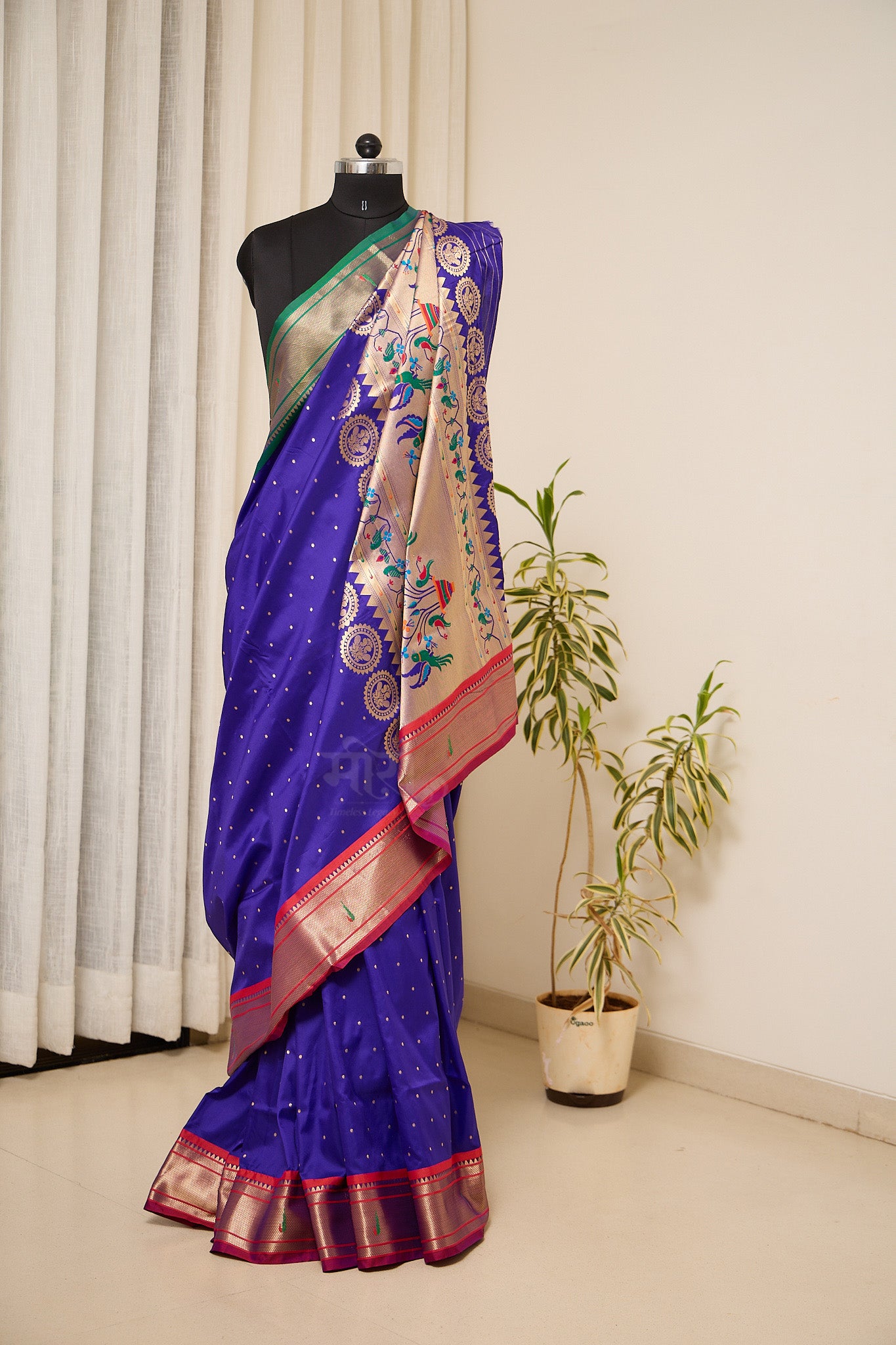 Royal blue silk blend Paithani Saree Ganga jammuna border with unstitched blouse