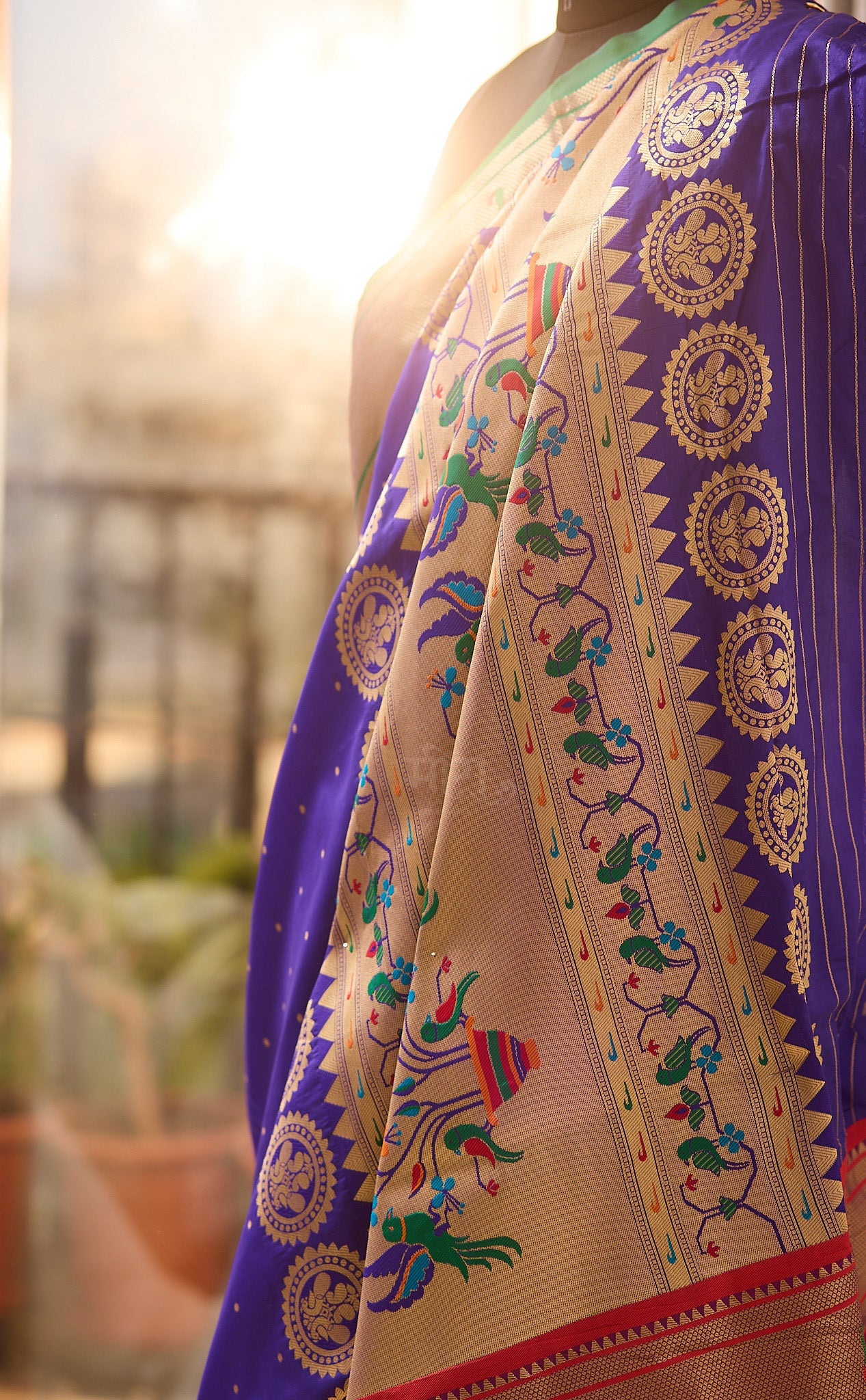 Royal blue silk blend Paithani Saree Ganga jammuna border with unstitched blouse