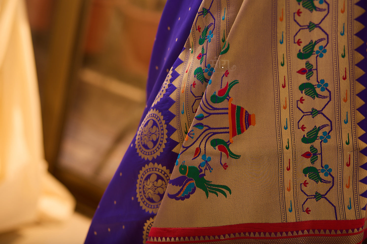 Royal blue silk blend Paithani Saree Ganga jammuna border with unstitched blouse