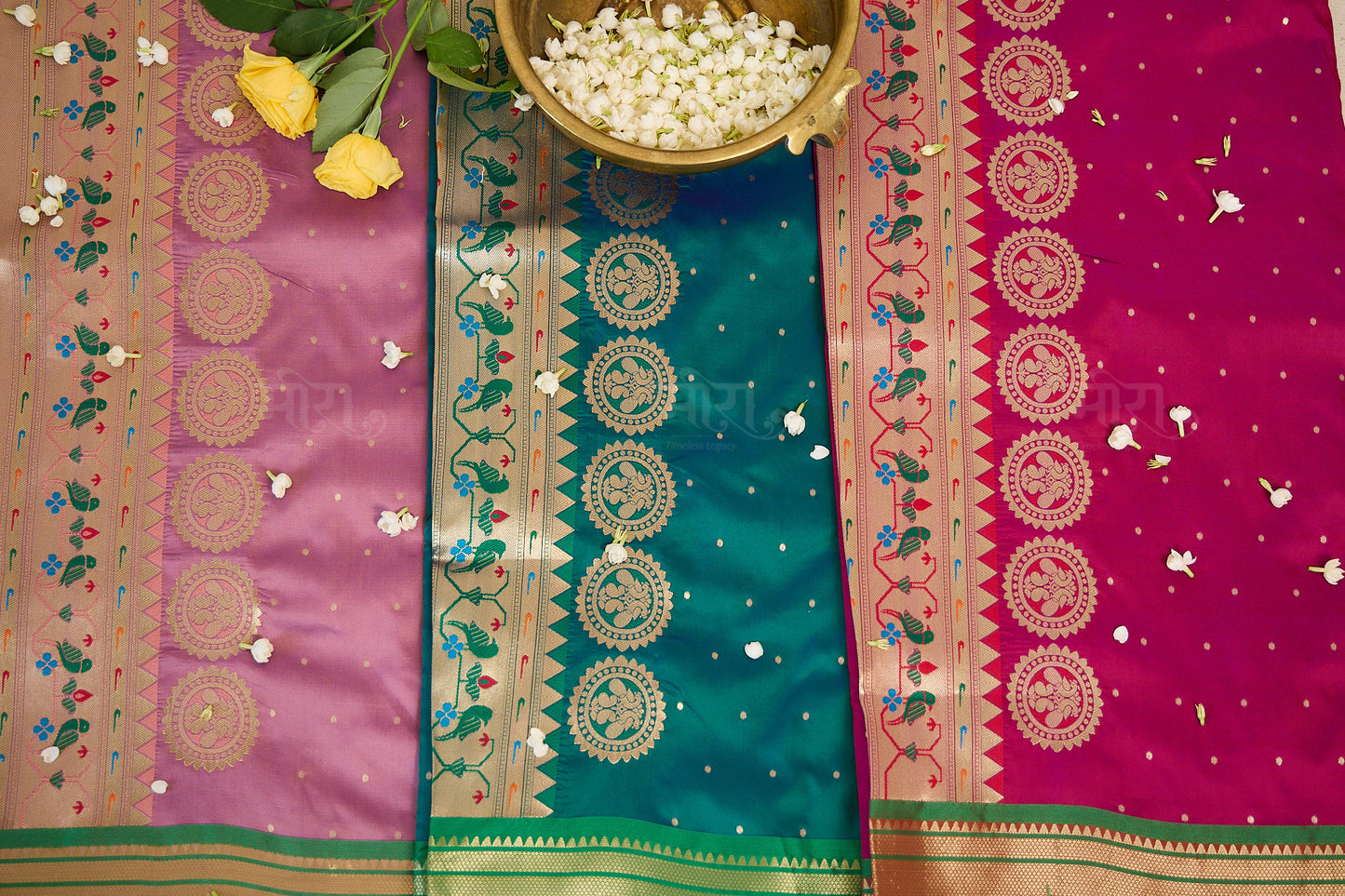 Royal blue silk blend Paithani Saree Ganga jammuna border with unstitched blouse