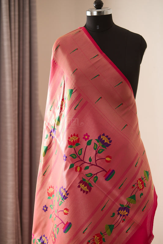 Rani Pink  Kanjivaram Silk blend Tissue Paithani Saree with unstitched blouse