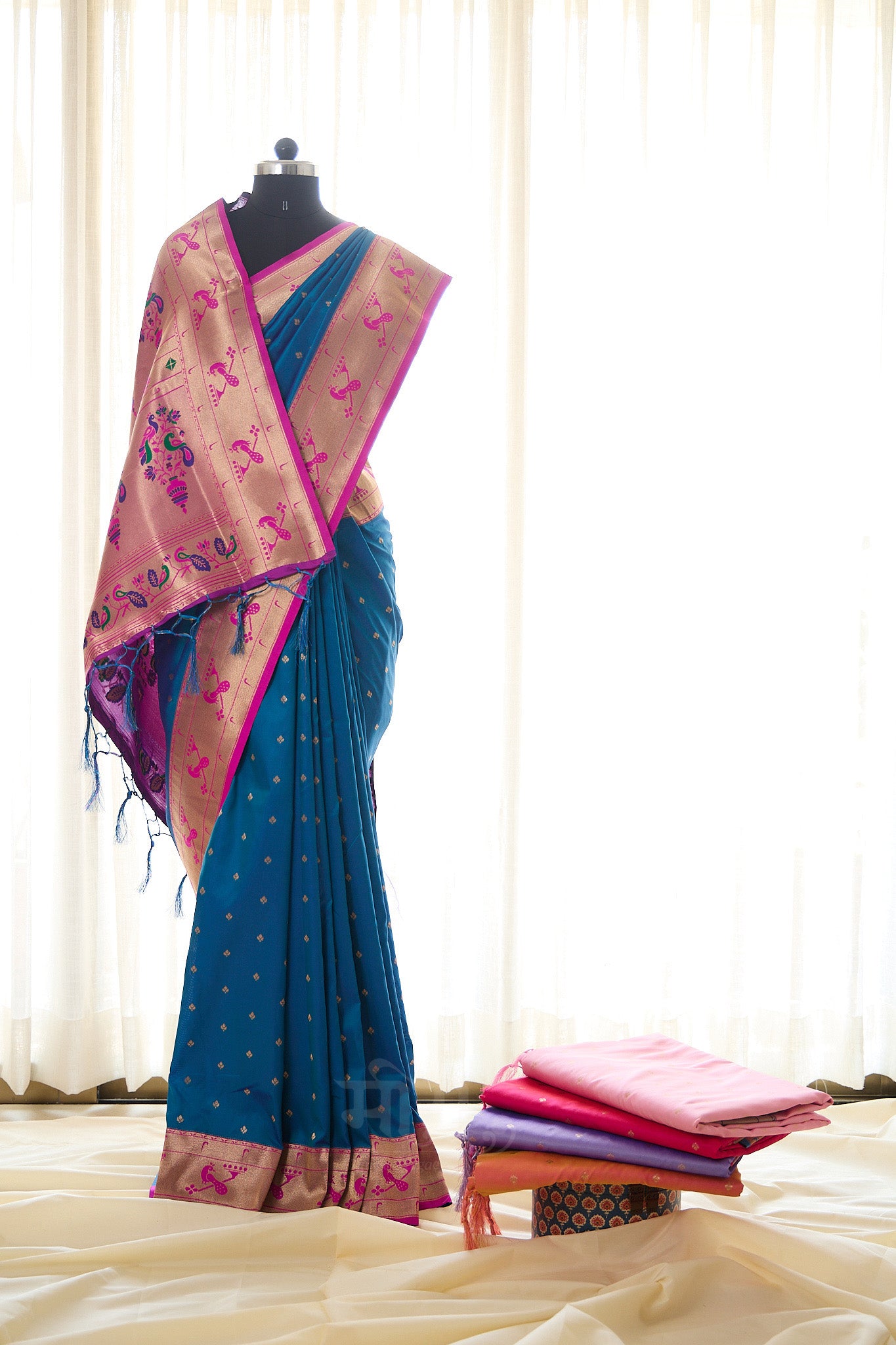 Blue Kanjivaram Silk blend Paithani Saree with unstitched blouse