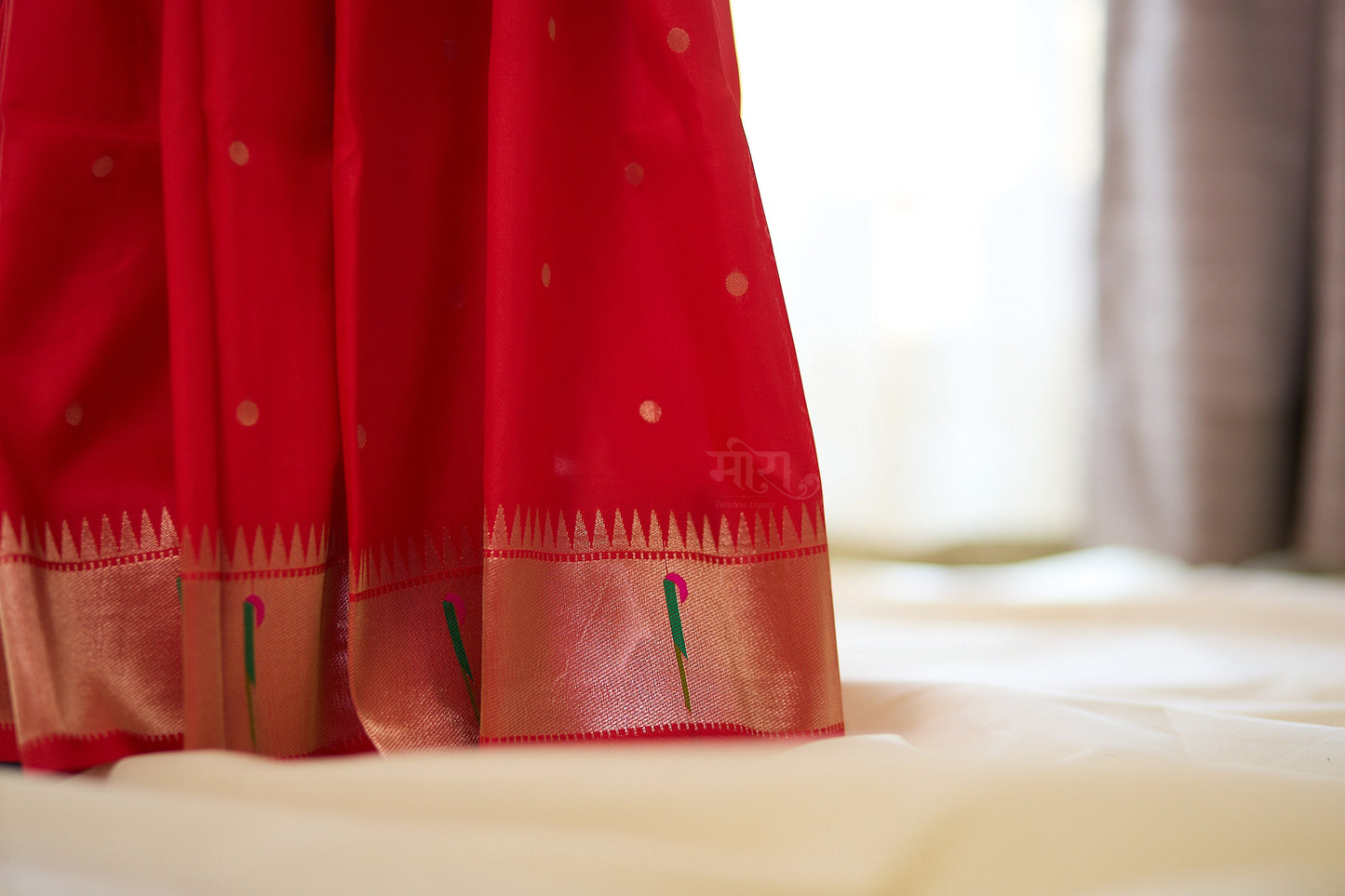 Red zari woven silk blend Paithani Saree with unstitched blouse