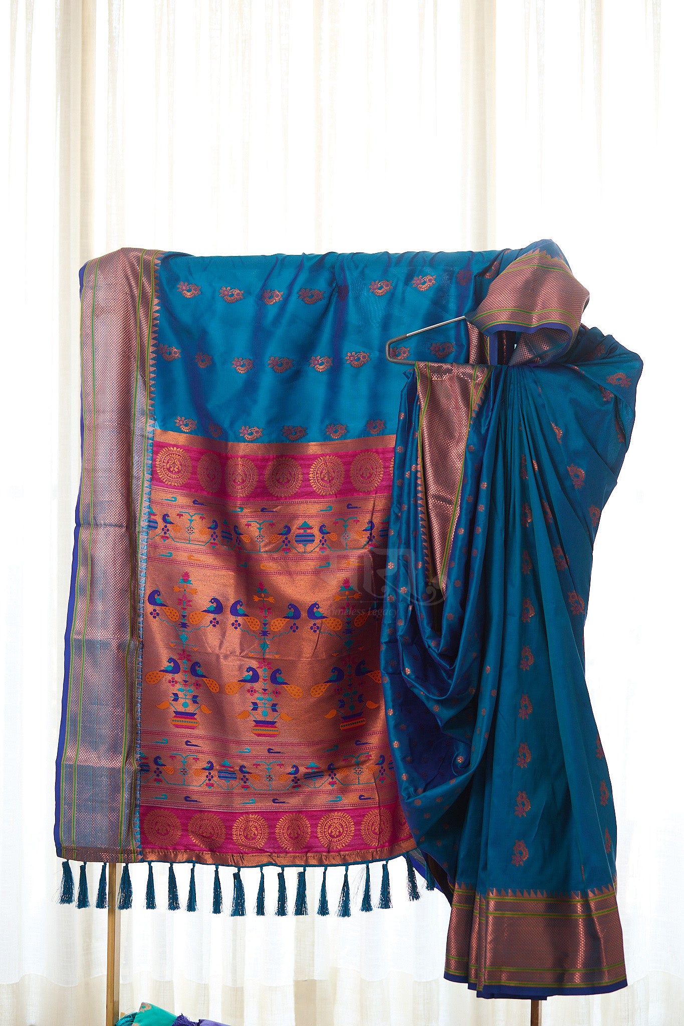 Teal Blue zari woven Nath Paithani Saree with unstitched blouse