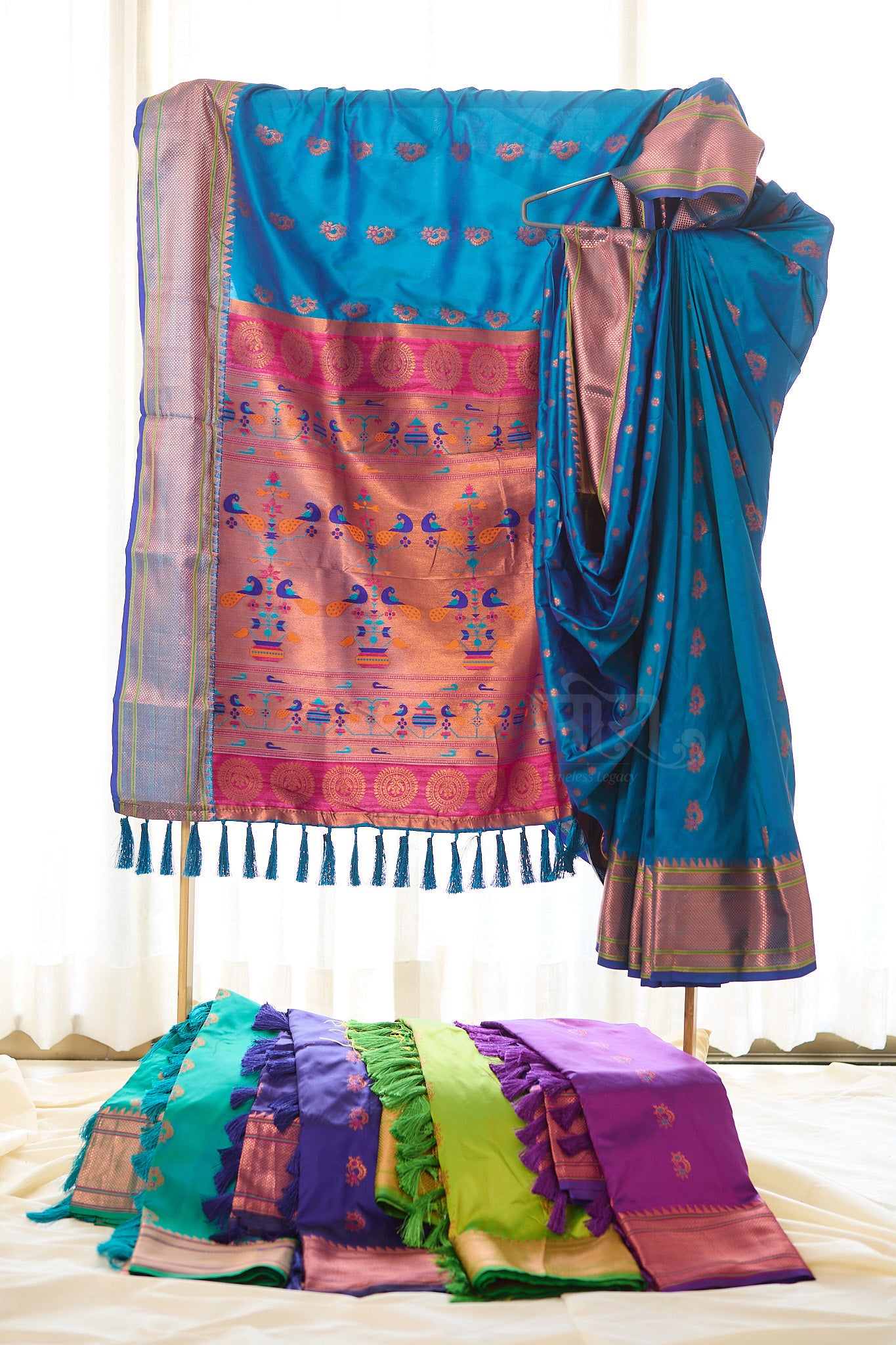 Teal Blue zari woven Nath Paithani Saree with unstitched blouse