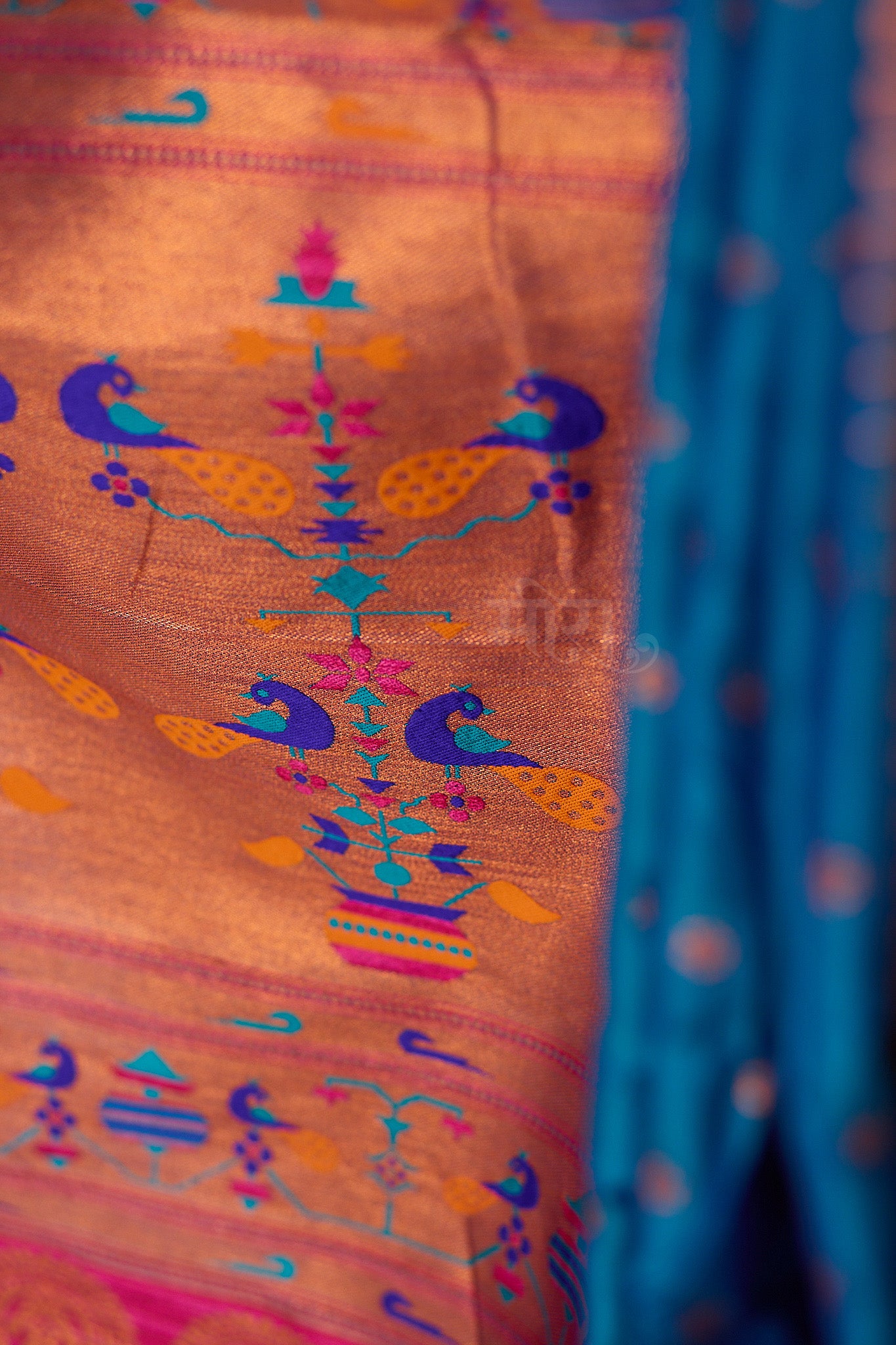 Teal Blue zari woven Nath Paithani Saree with unstitched blouse