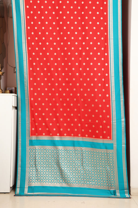Sindoor Red & Turquoise Blue Contrast Narayanpeth Saree