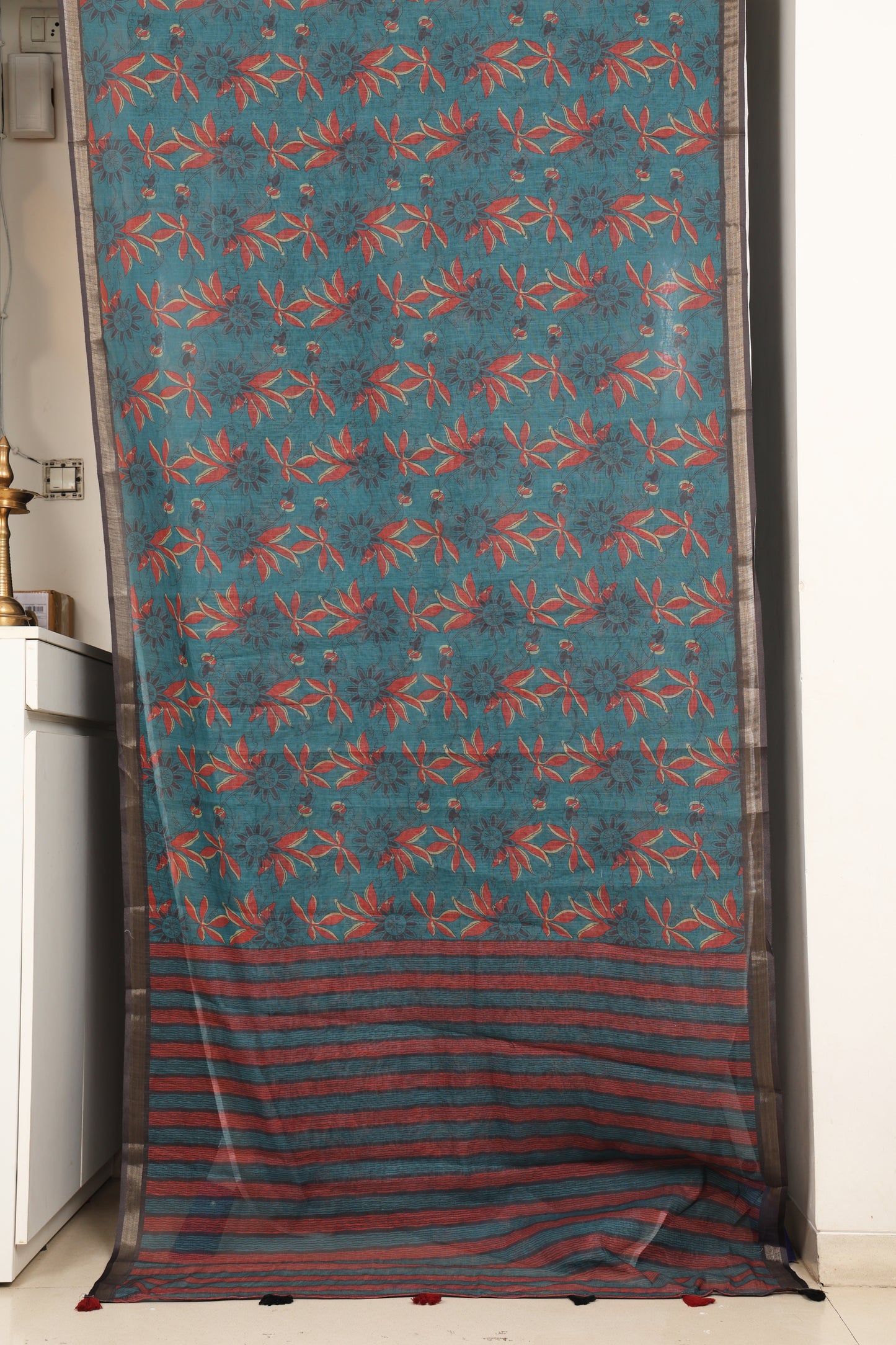 Teal Floral Cotton Saree