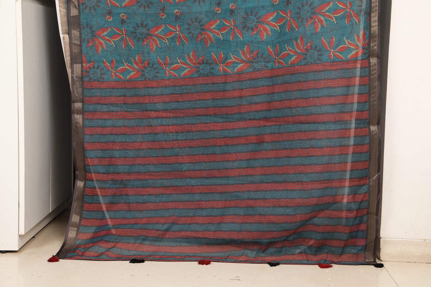 Teal Floral Cotton Saree