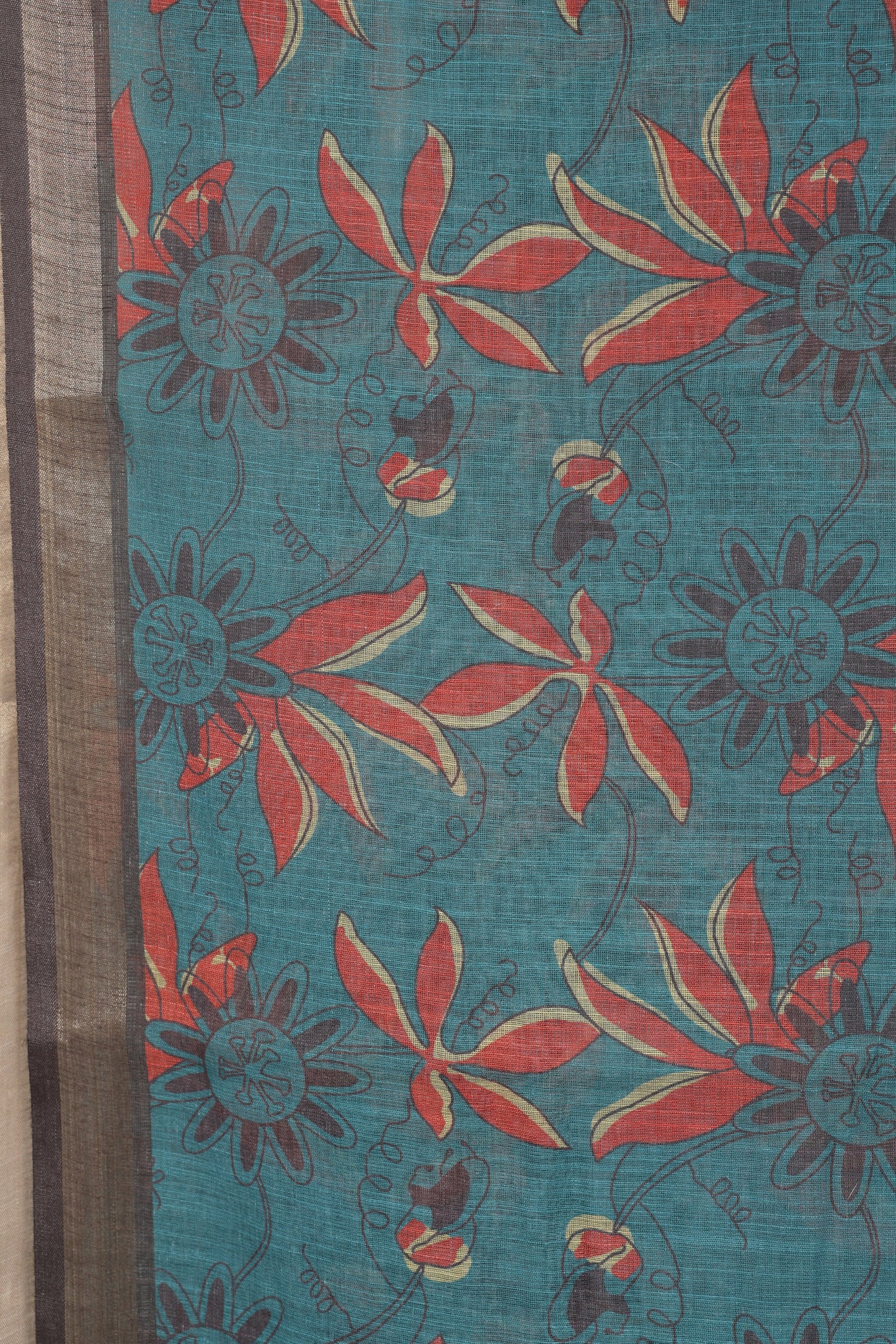 Teal Floral Cotton Saree