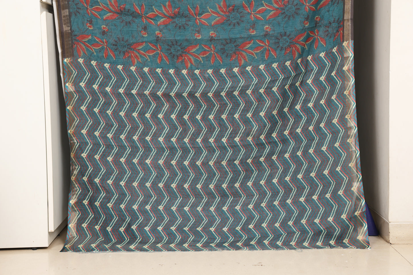 Teal Floral Cotton Saree