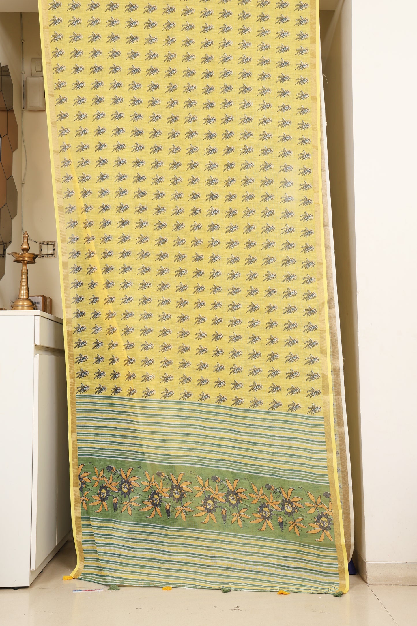 Mustard Floral Cotton Saree