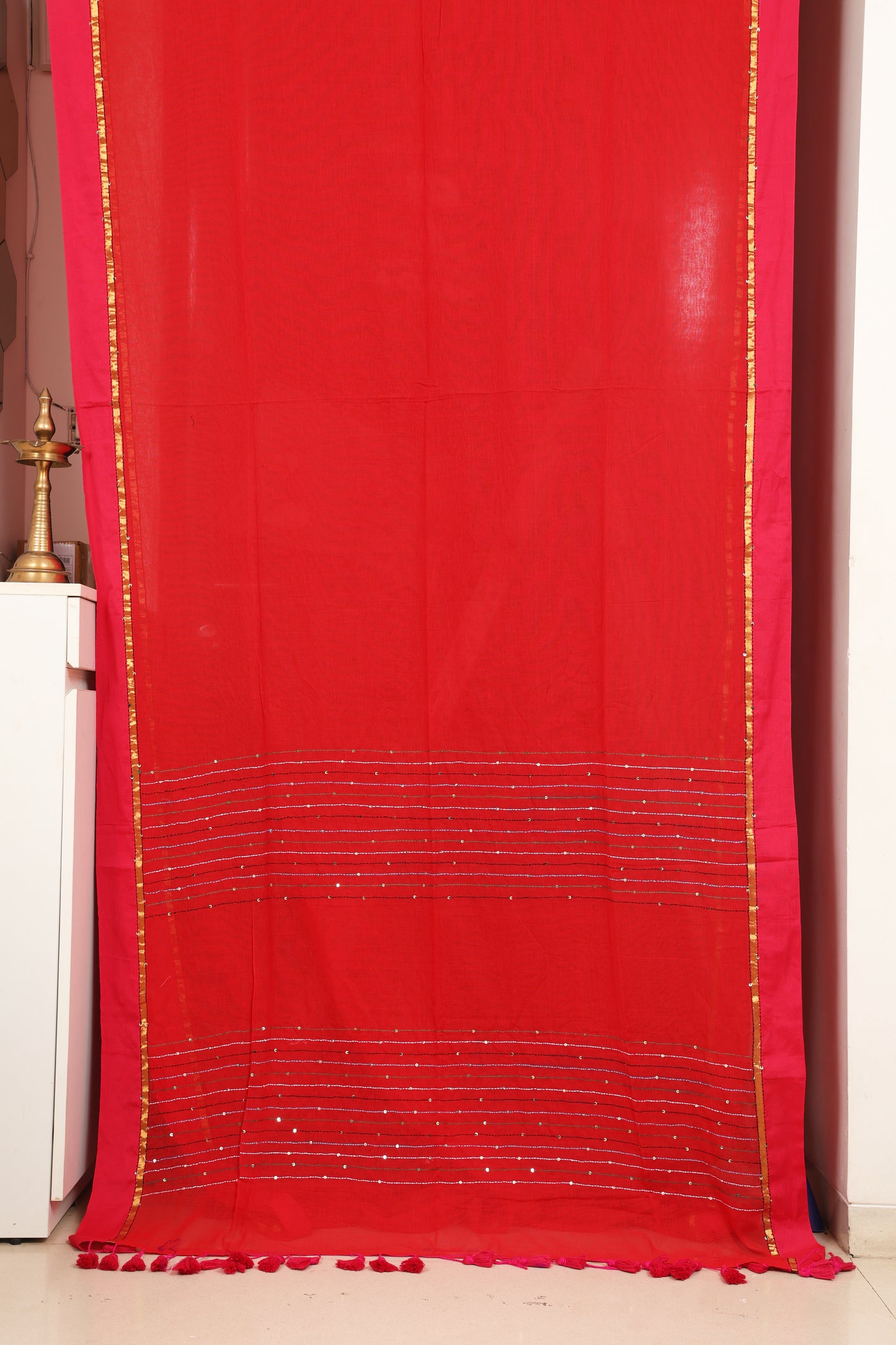 Red Mulmul Cotton Kantha Saree