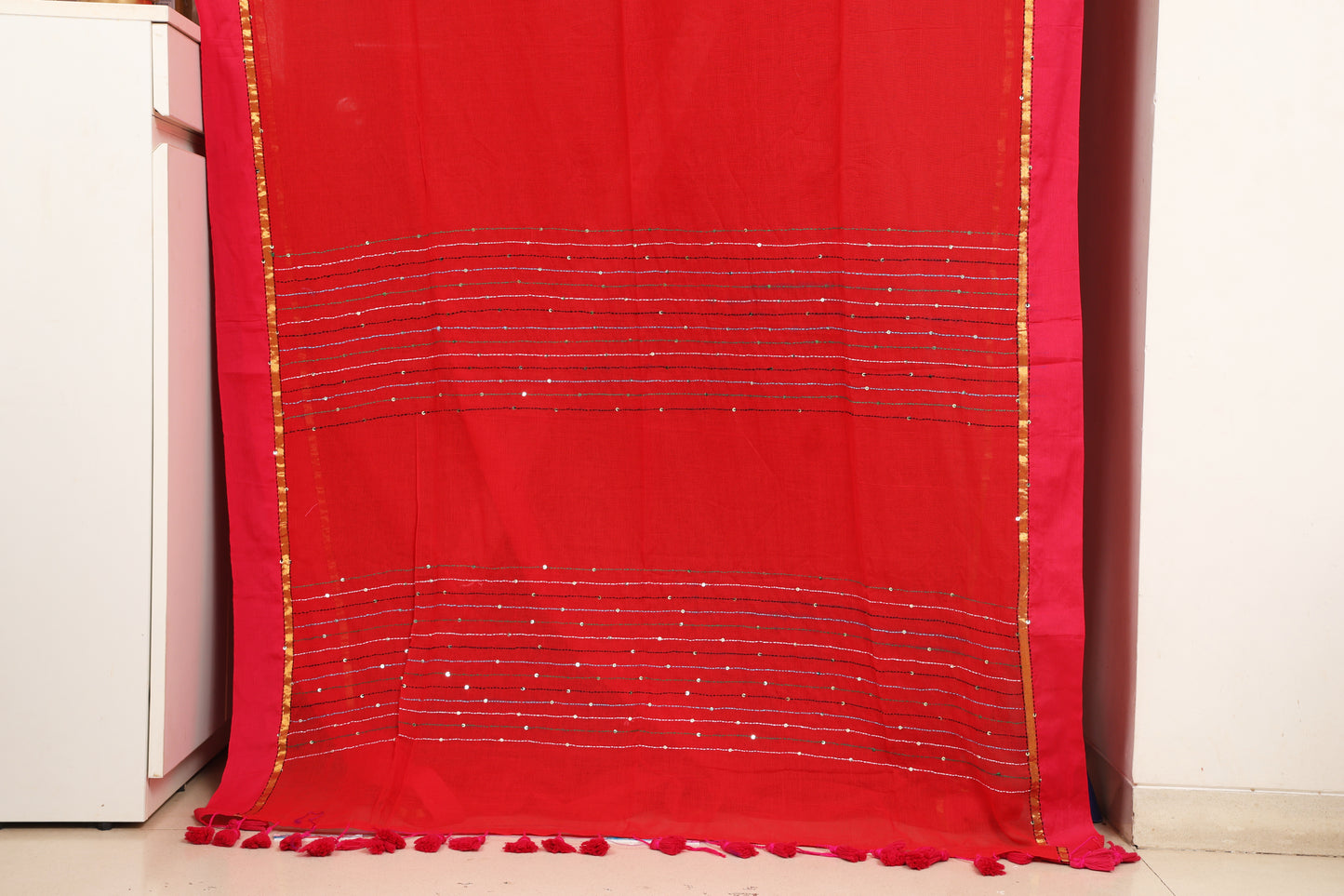 Red Mulmul Cotton Kantha Saree