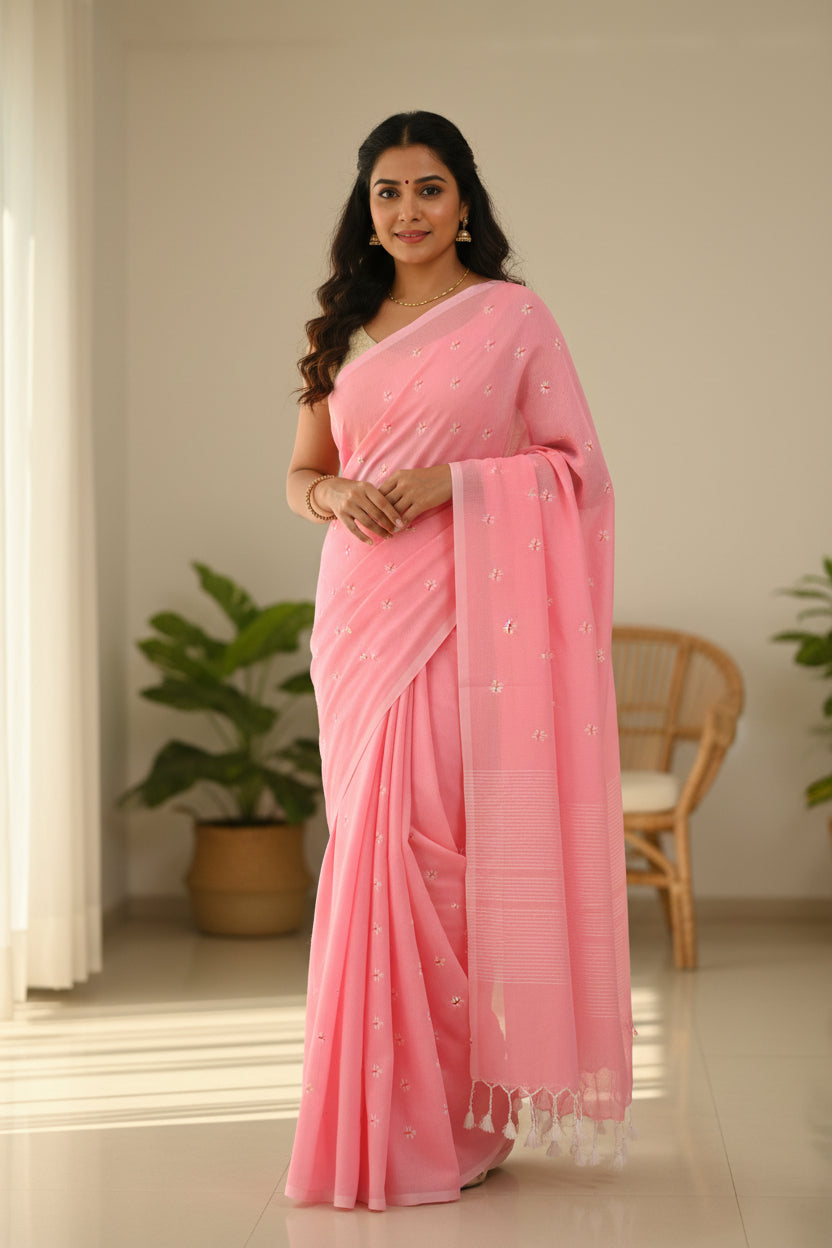 Baby Pink Phul Butti Cotton Saree