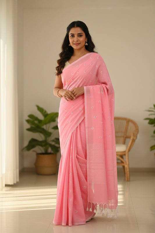 Baby Pink Phul Butti Cotton Saree