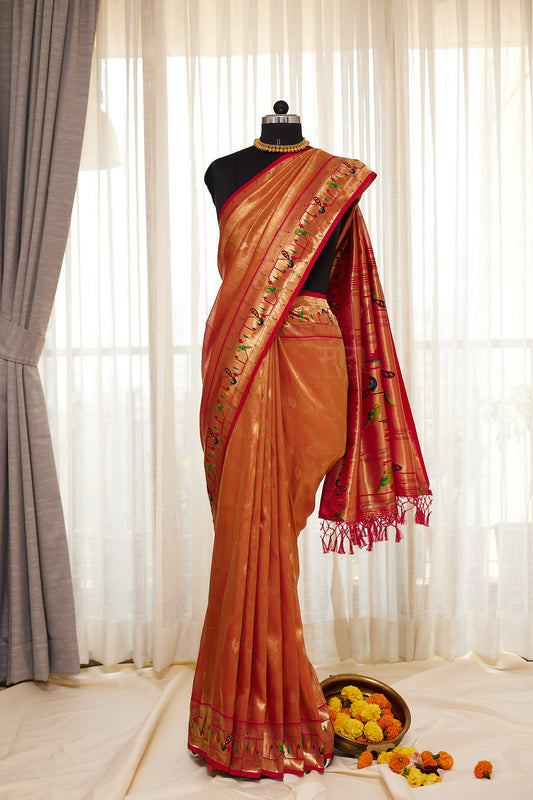 Orange Silk Blend Tissue  Paithani Saree with unstitched blouse