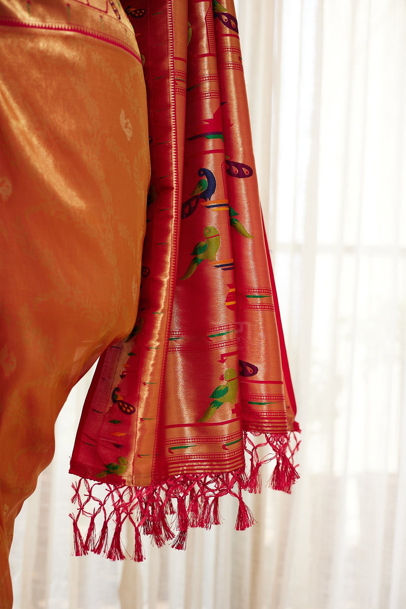 Orange Silk Blend Tissue  Paithani Saree with unstitched blouse