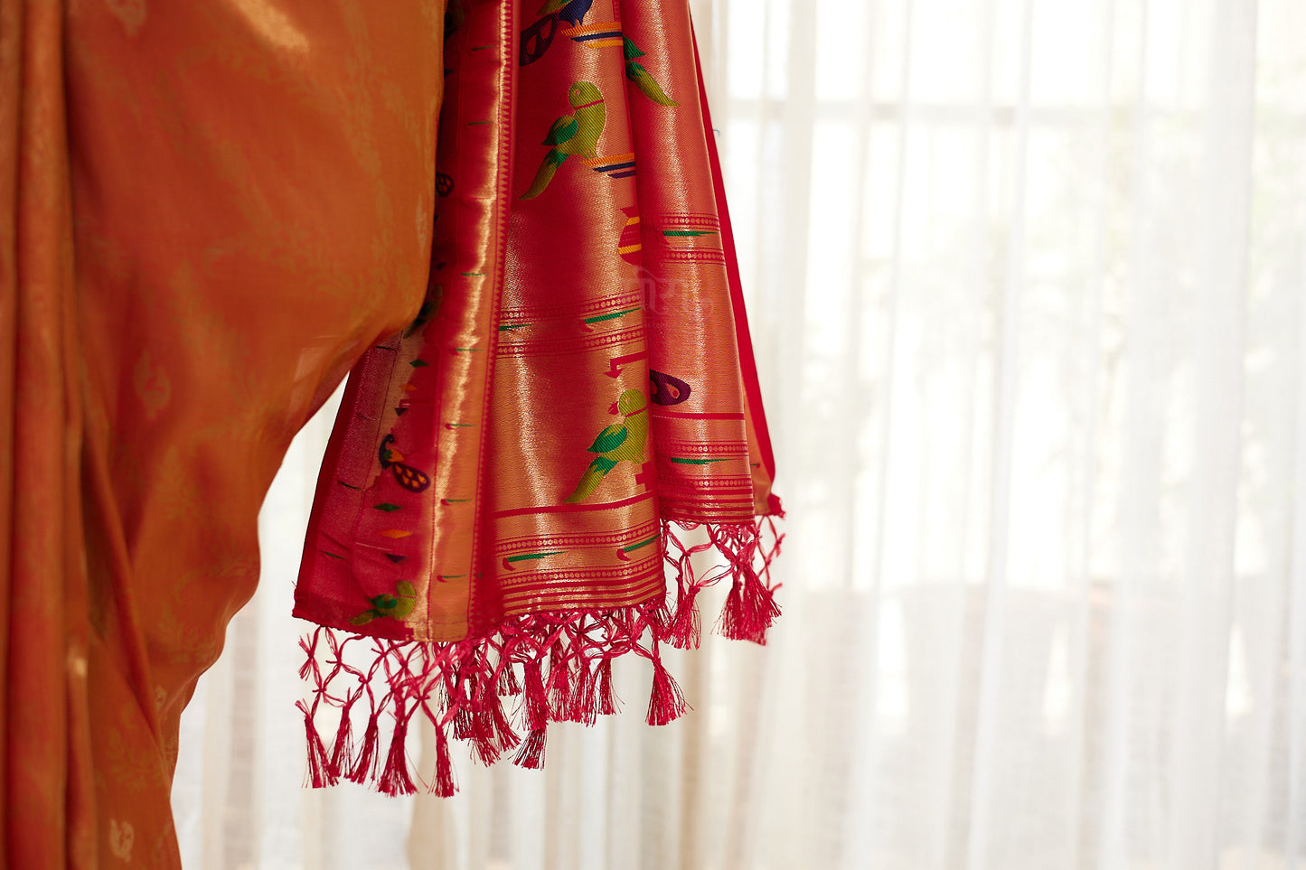 Orange Silk Blend Tissue  Paithani Saree with unstitched blouse