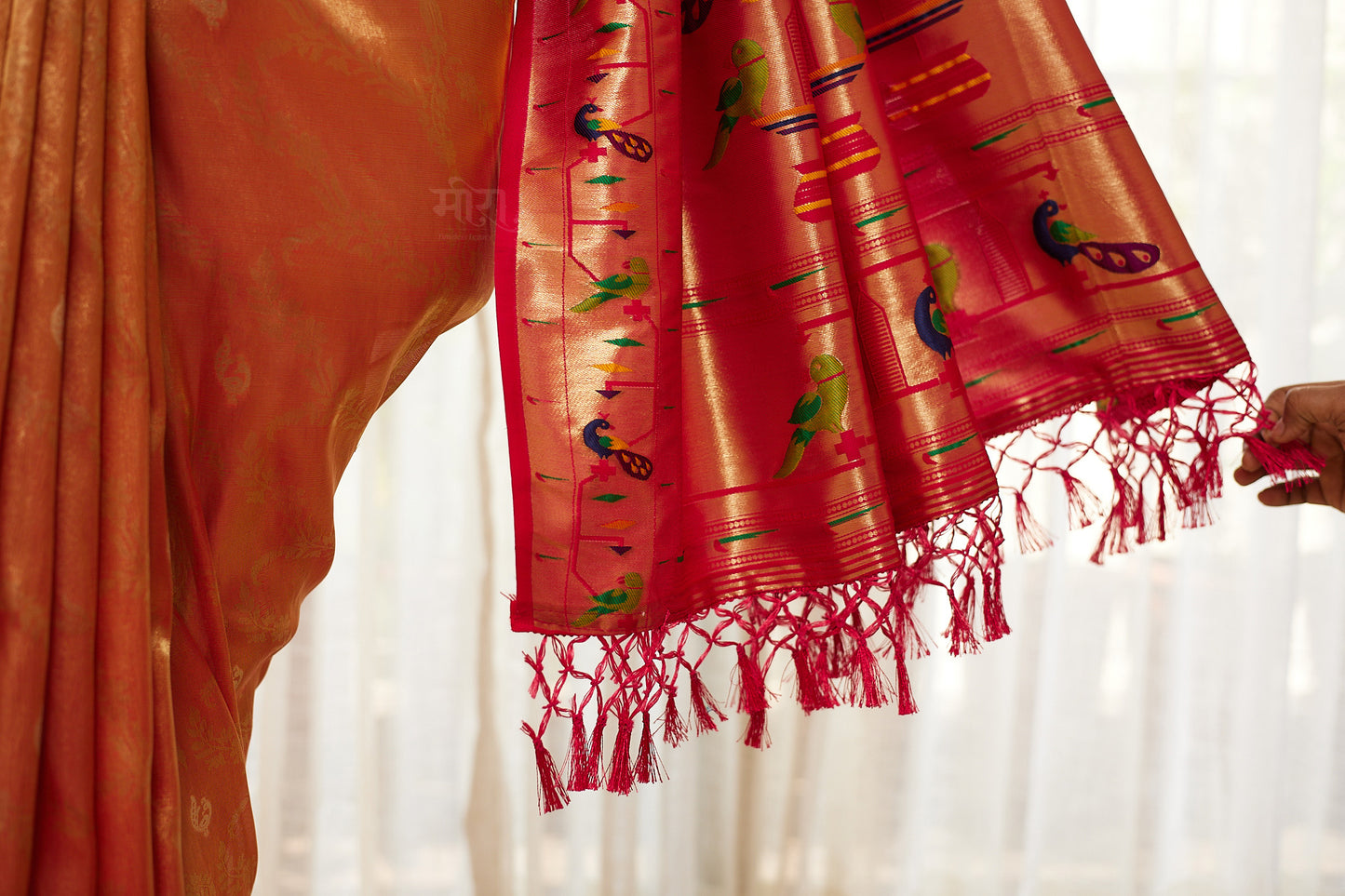 Orange Silk Blend Tissue  Paithani Saree with unstitched blouse