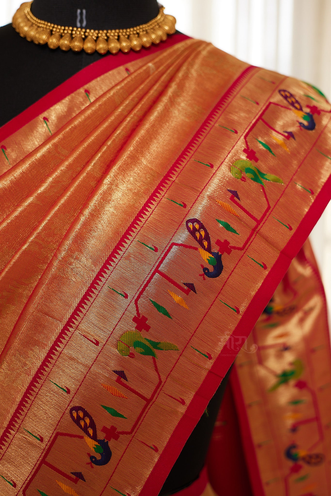 Orange Silk Blend Tissue  Paithani Saree with unstitched blouse