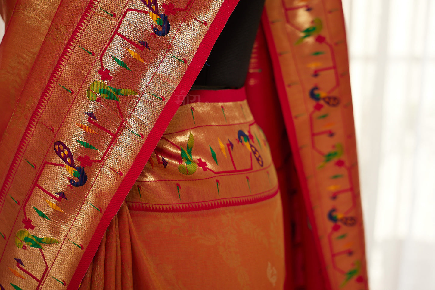 Orange Silk Blend Tissue  Paithani Saree with unstitched blouse