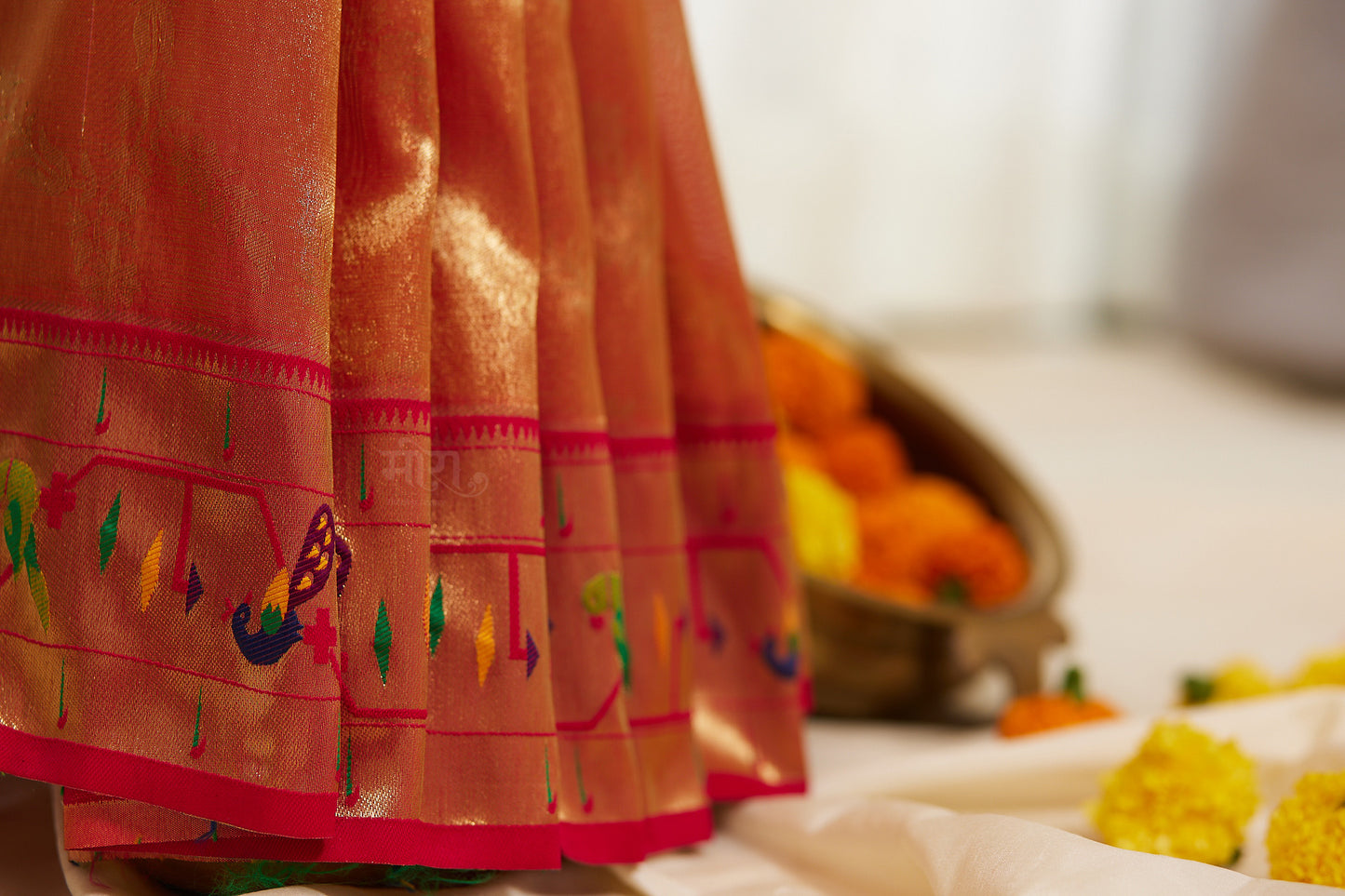 Orange Silk Blend Tissue  Paithani Saree with unstitched blouse