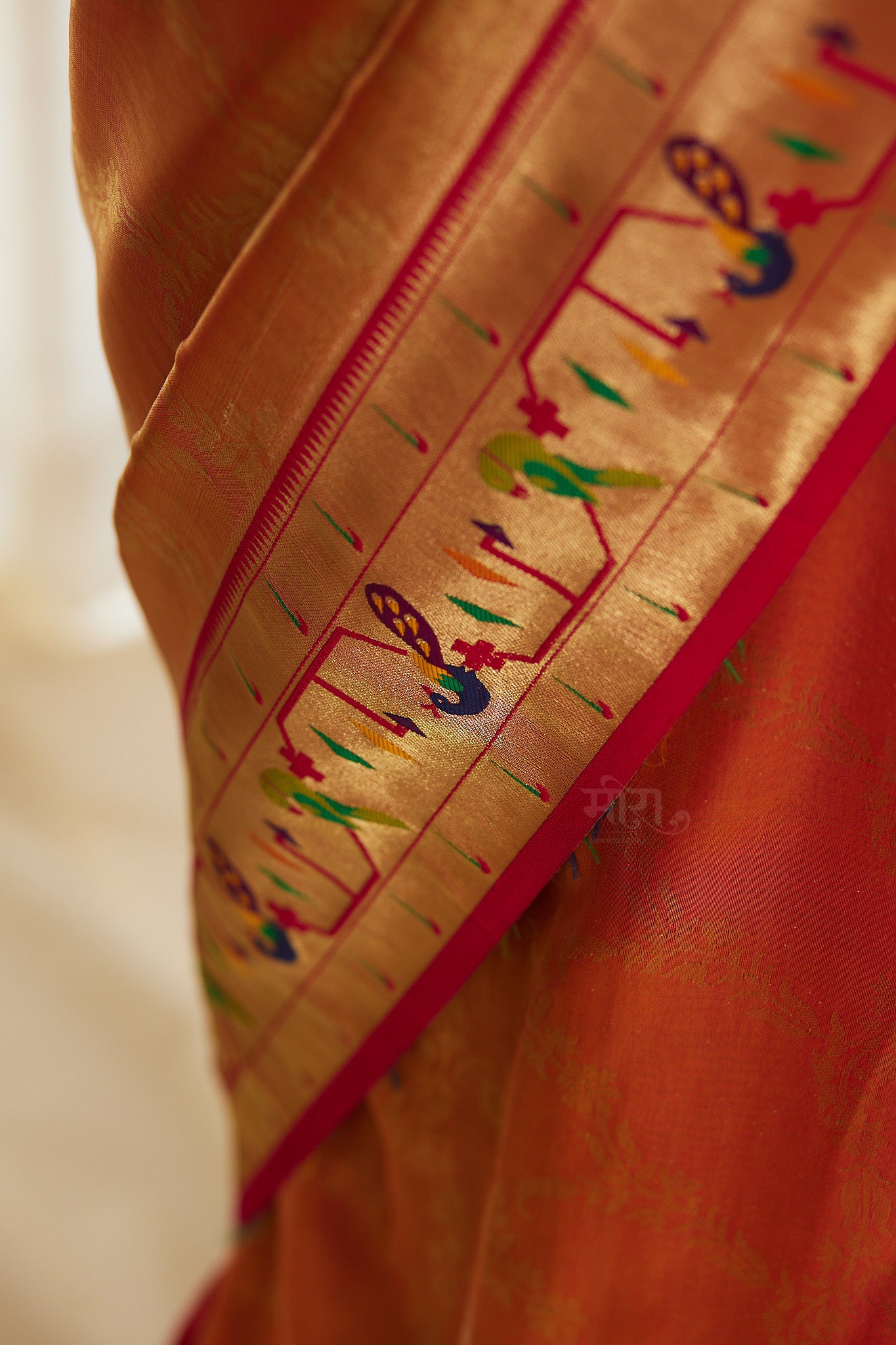 Orange Silk Blend Tissue  Paithani Saree with unstitched blouse