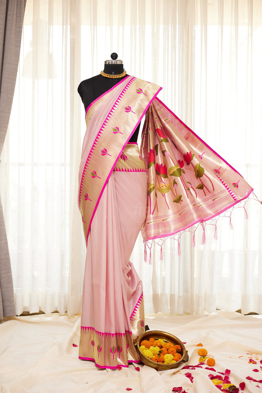 Pink Kanjivaram Silk blend Tissue Paithani Saree with unstitched blouse