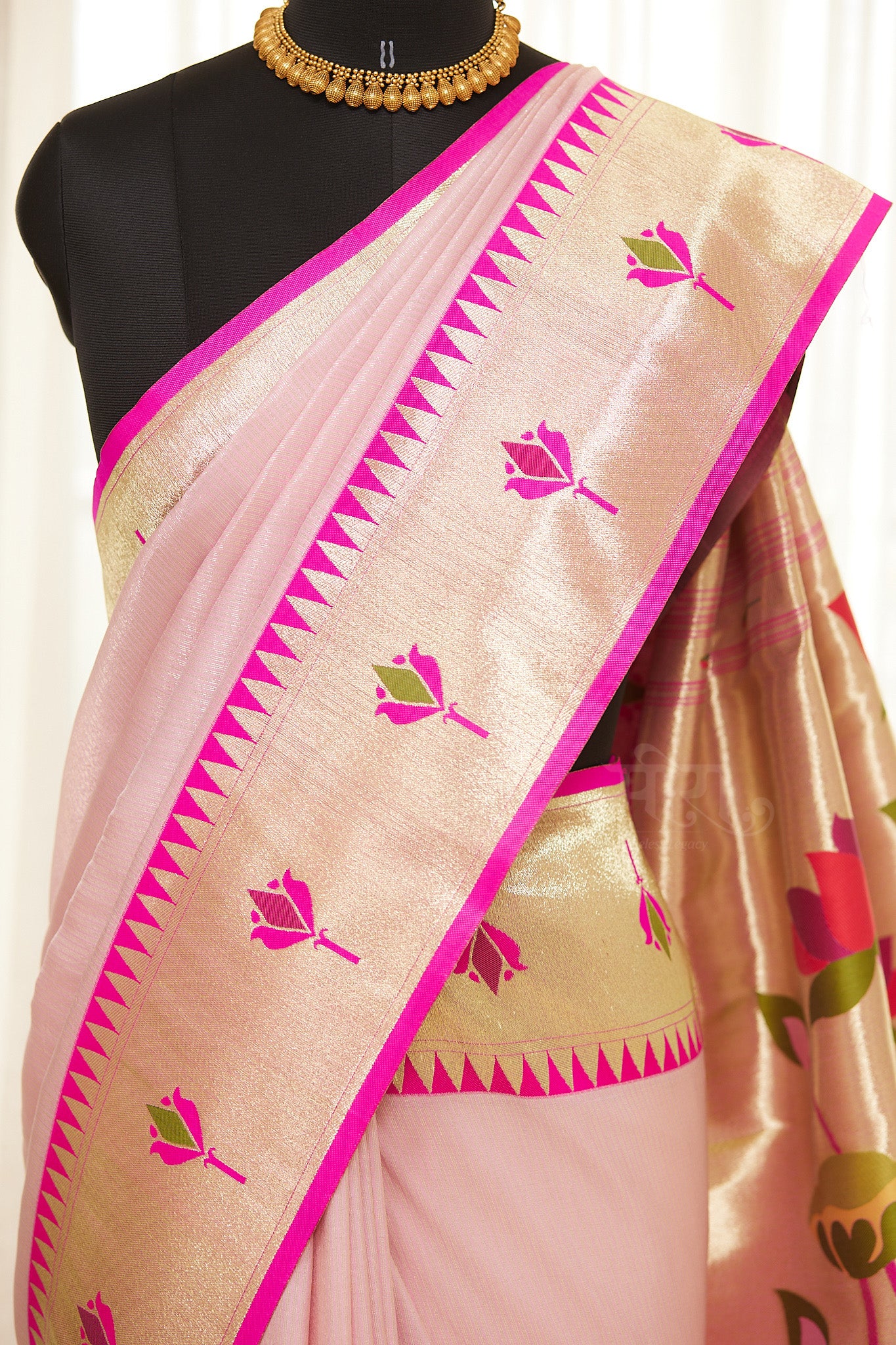 Pink Kanjivaram Silk blend Tissue Paithani Saree with unstitched blouse