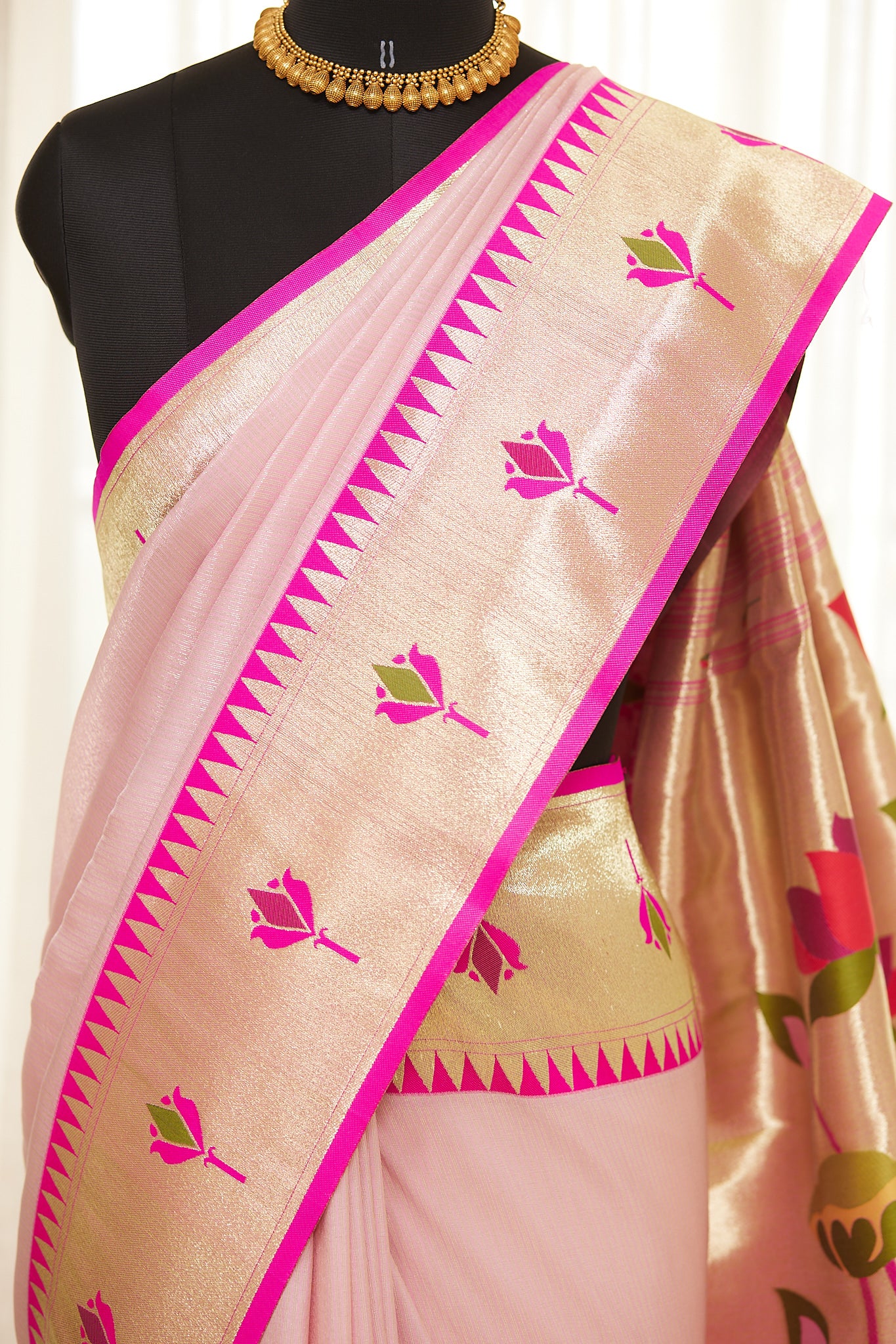 Pastel Pink Gold Zari Lotus Tissue Paithani