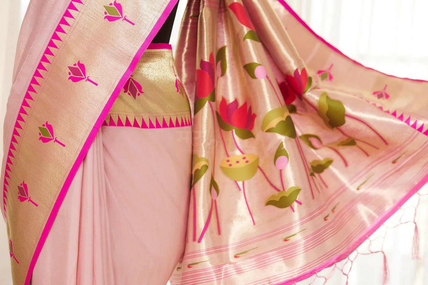 Pink Kanjivaram Silk blend Tissue Paithani Saree with unstitched blouse