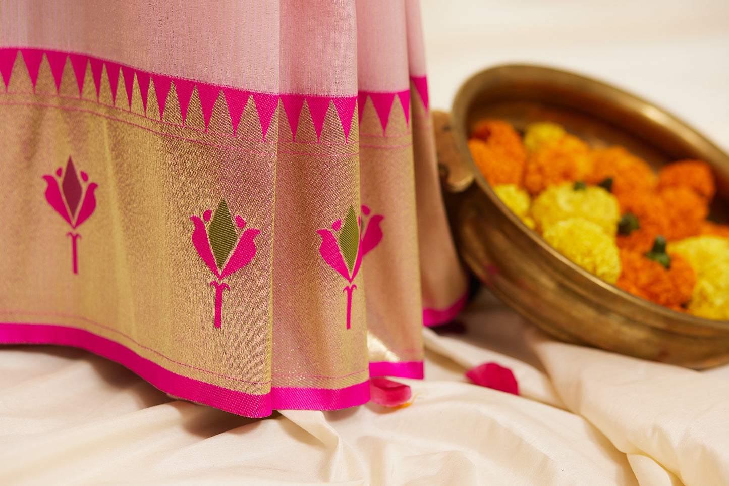 Pastel Pink Gold Zari Lotus Tissue Paithani